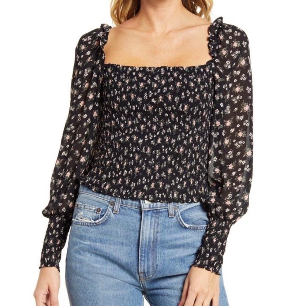 Reformation Pinto Black Freesia Smocked Floral Dark Romantic Whimsygoth Top - 1x